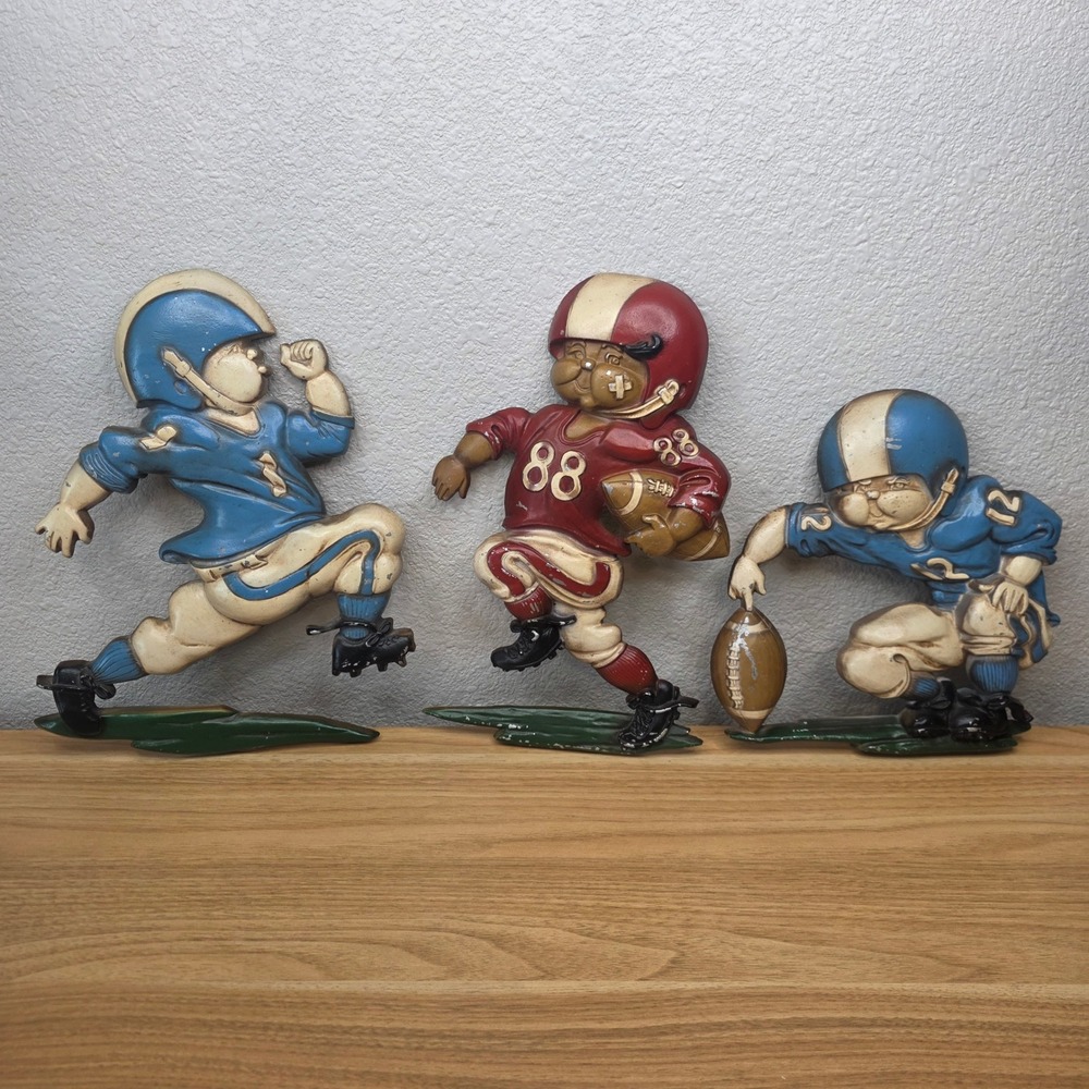 Vintage Homco USA Cast Metal Football Players Wall Hanging Decor Set of 3 1976